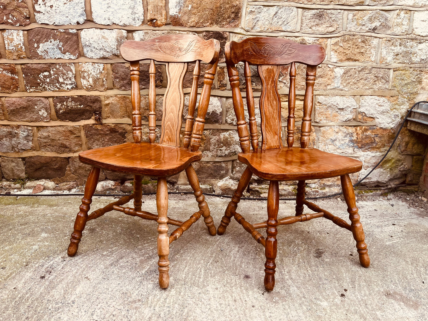 Vintage Farmhouse Solid Wood Kitchen Chairs – Pair of Rustic Country Dining Chairs