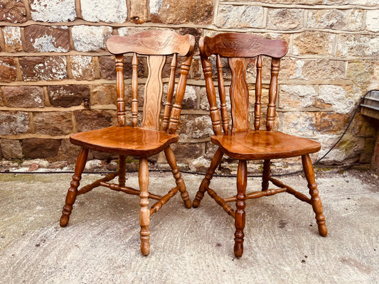 Vintage Farmhouse Solid Wood Kitchen Chairs – Pair of Rustic Country Dining Chairs