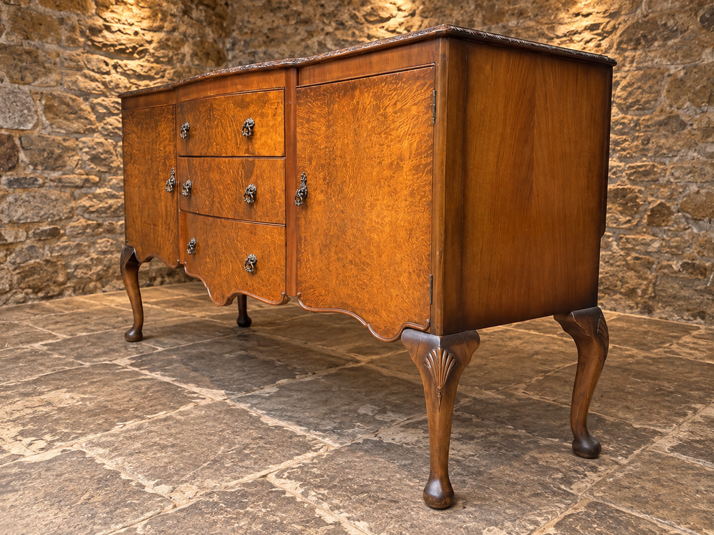 Antique Burr Walnut Queen Anne Revival Sideboard – c.1930