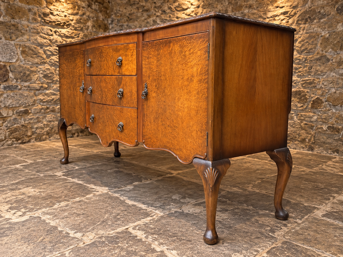 Antique Burr Walnut Queen Anne Revival Sideboard – c.1930