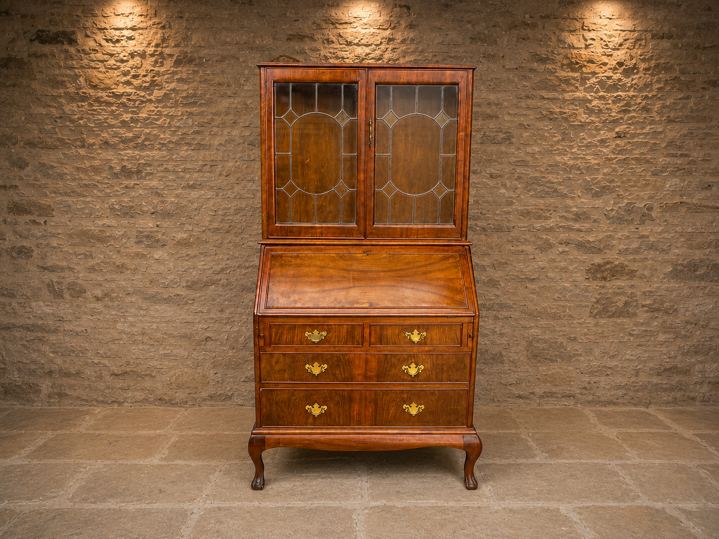Antique George II Revival Walnut Bureau Bookcase | Glazed Display Cabinet & Writing Desk | Circa 1925–1935
