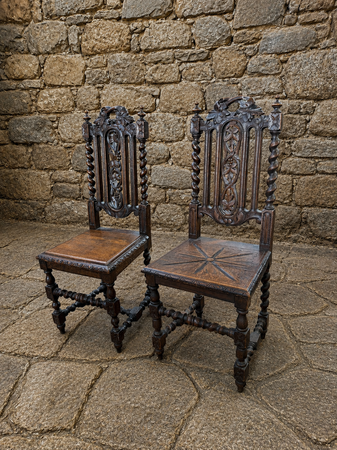 Pair of Antique Victorian Gothic Revival Oak Chairs c1870