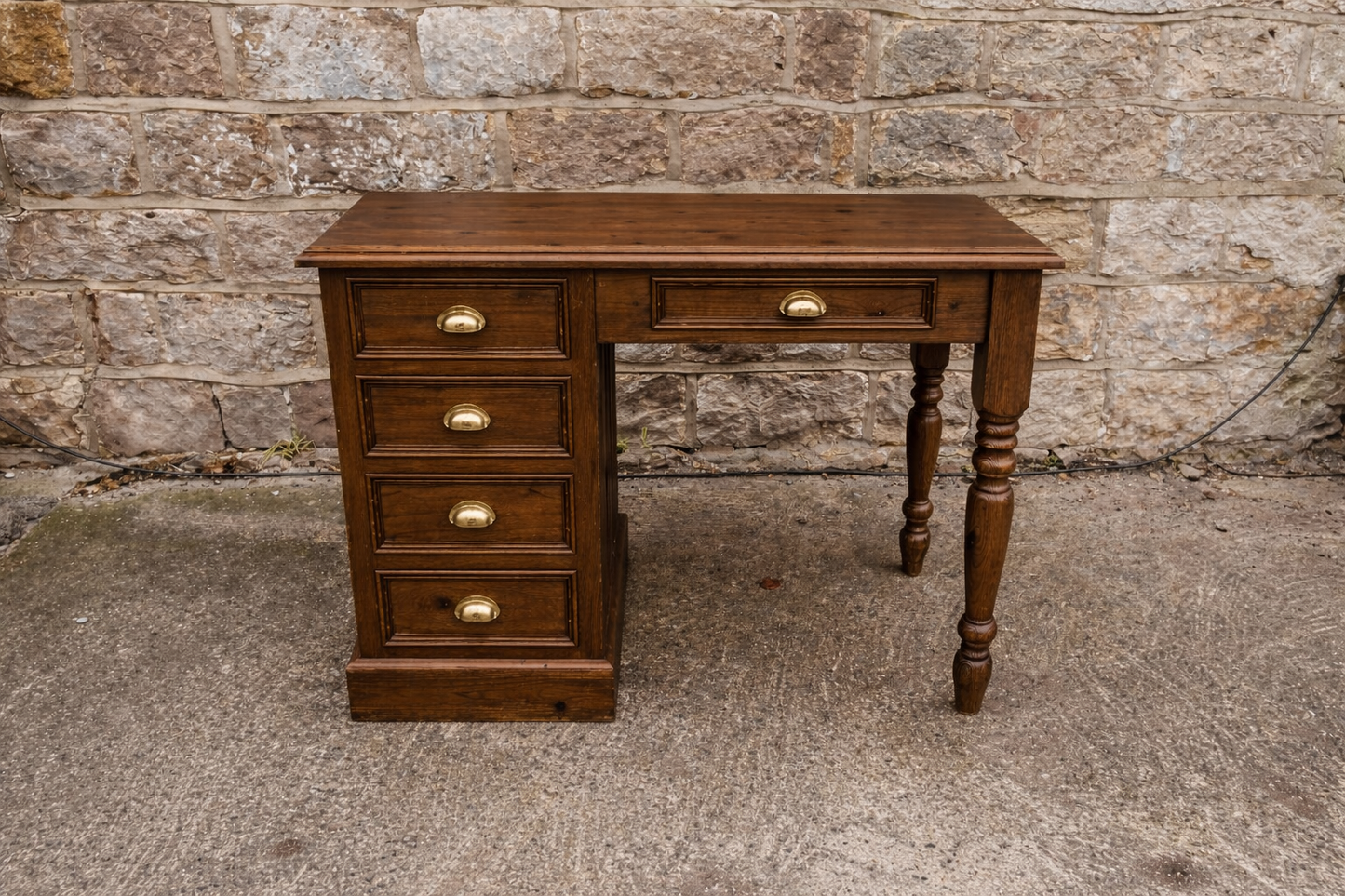 Solid Pine Writing Desk with Drawers and Brass Handles