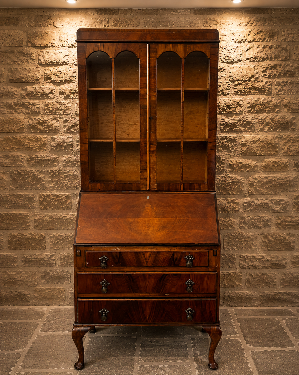 Antique Figured Walnut Bureau Bookcase | George III Style Secretary Cabinet | Glazed Display Bureau | English c.1920–1940