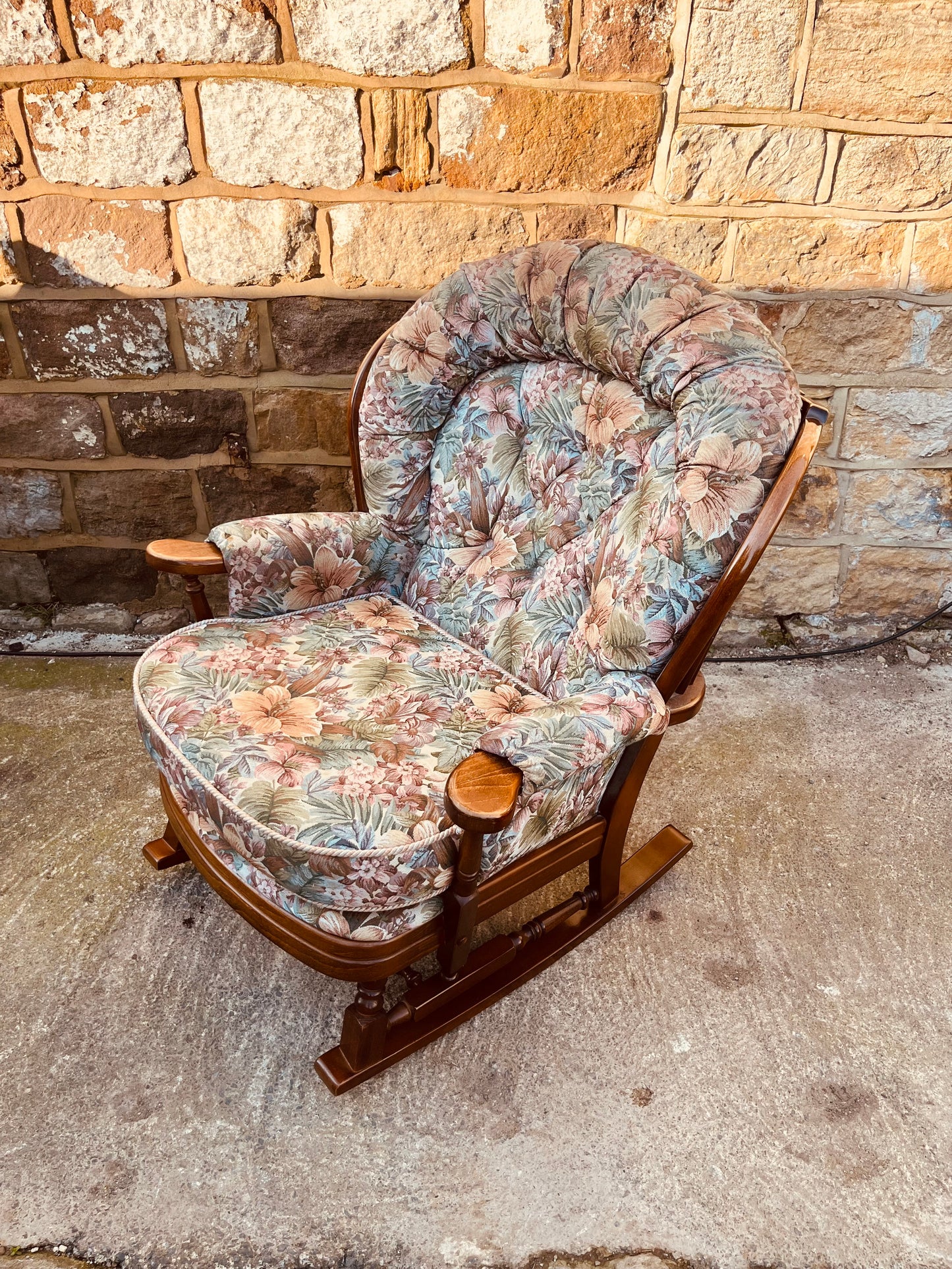 Vintage Upholstered Rocking Armchair – Floral Tapestry Wooden Rocker