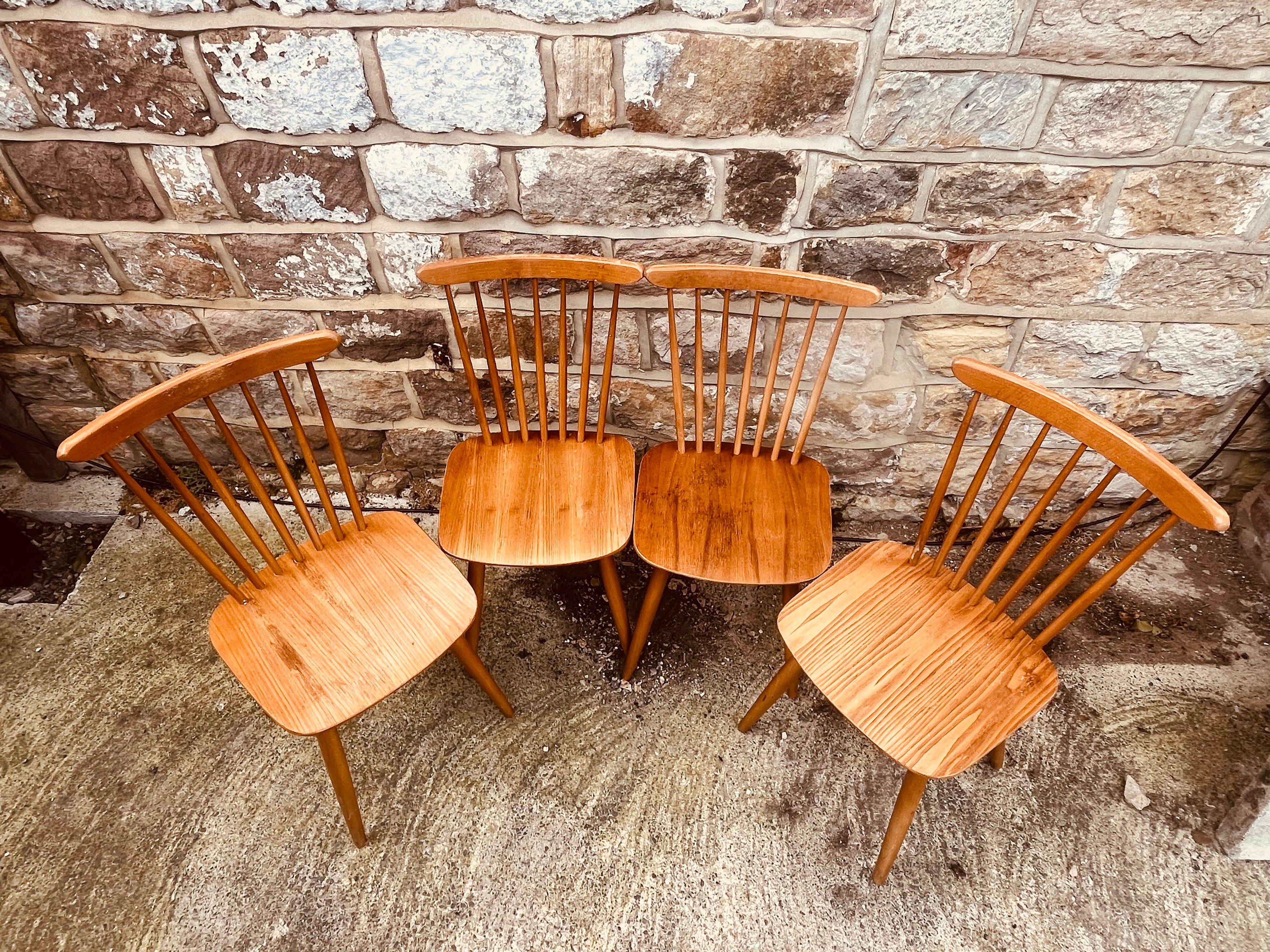Set of 4 Vintage Spindle-Back Dining Chairs – Rustic Wooden Finish