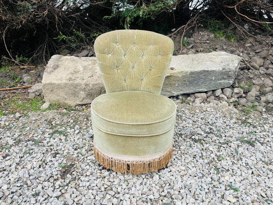 Vintage Sage Green Velvet Boudoir Chair with Button Back & Fringe Trim