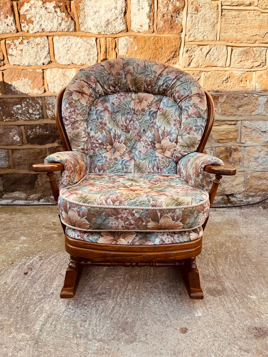 Vintage Upholstered Rocking Armchair – Floral Tapestry Wooden Rocker