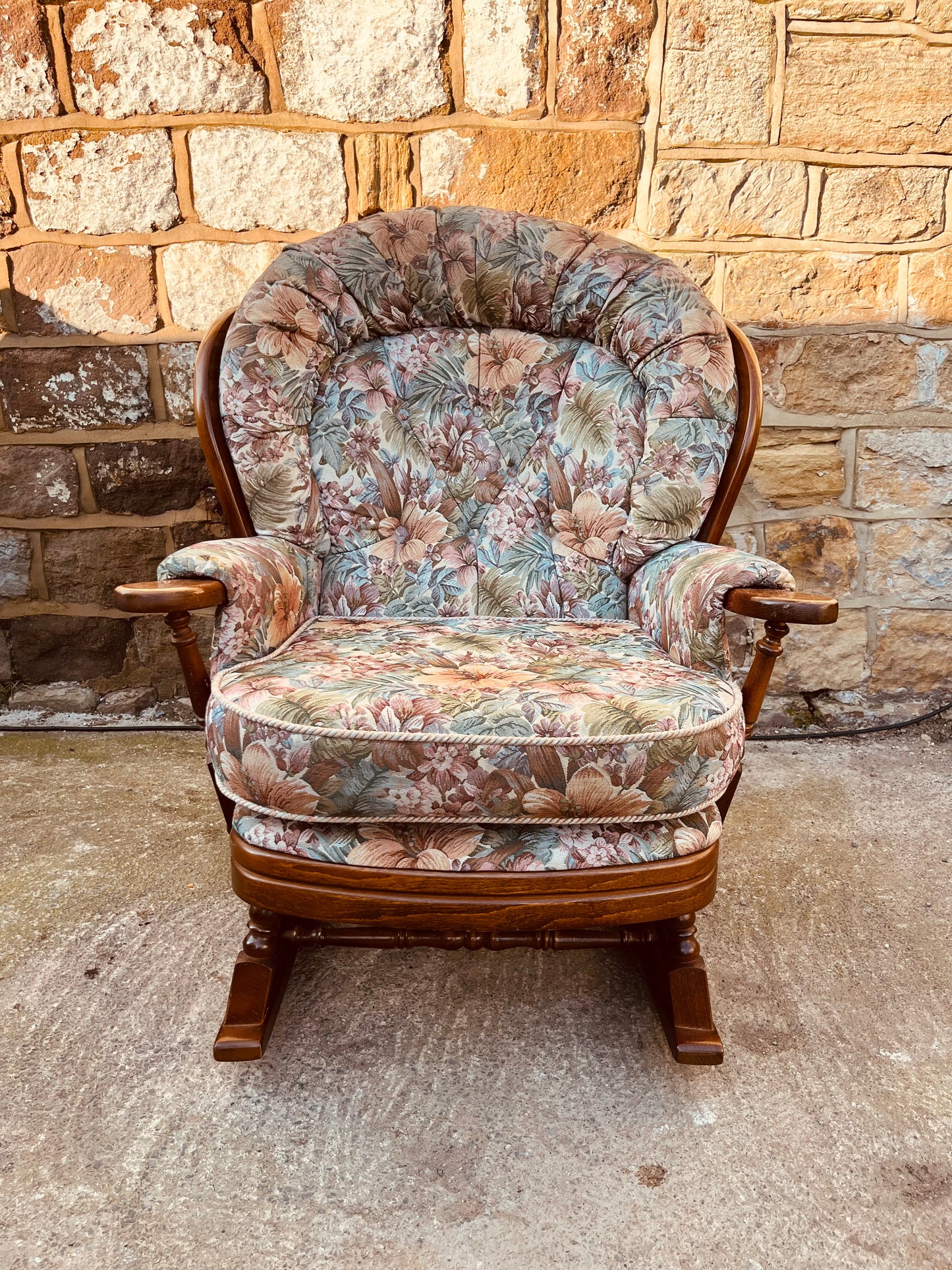 Vintage Upholstered Rocking Armchair – Floral Tapestry Wooden Rocker