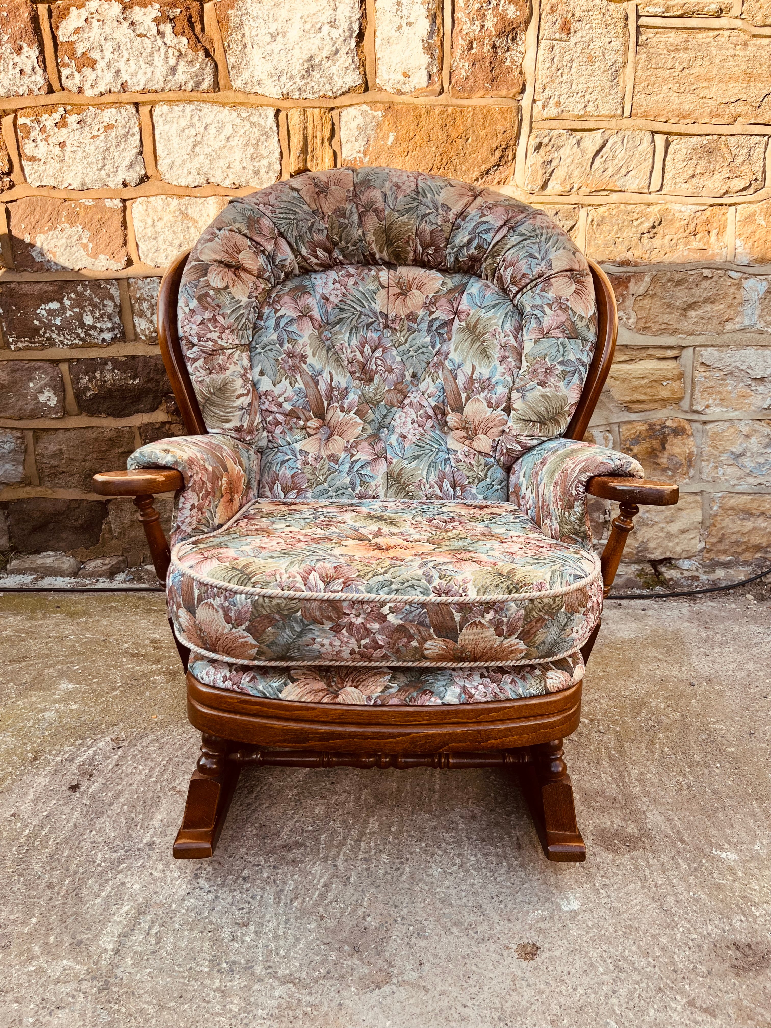 Vintage Upholstered Rocking Armchair – Floral Tapestry Wooden Rocker