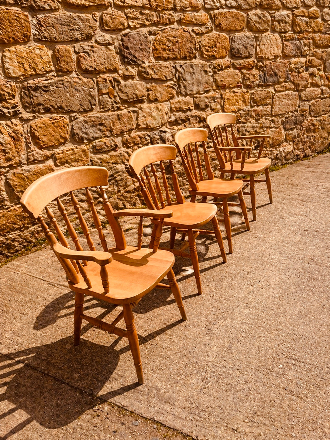 Set of 4 Vintage Windsor Dining Chairs with Armchairs – Solid Wood Farmhouse Chairs