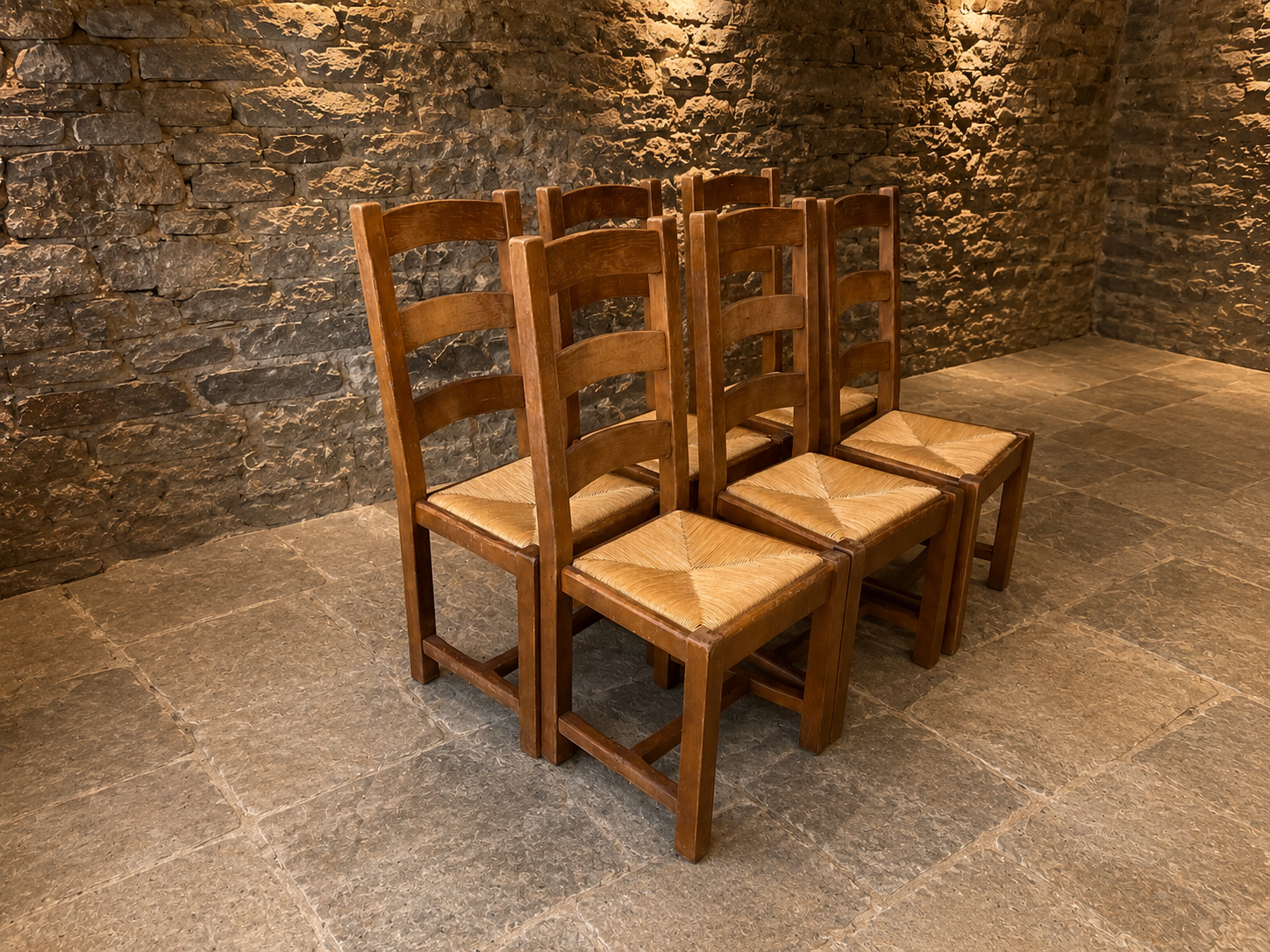Set of 6 Vintage Rustic Ladder Back Dining Chairs with Woven Rush Seats
