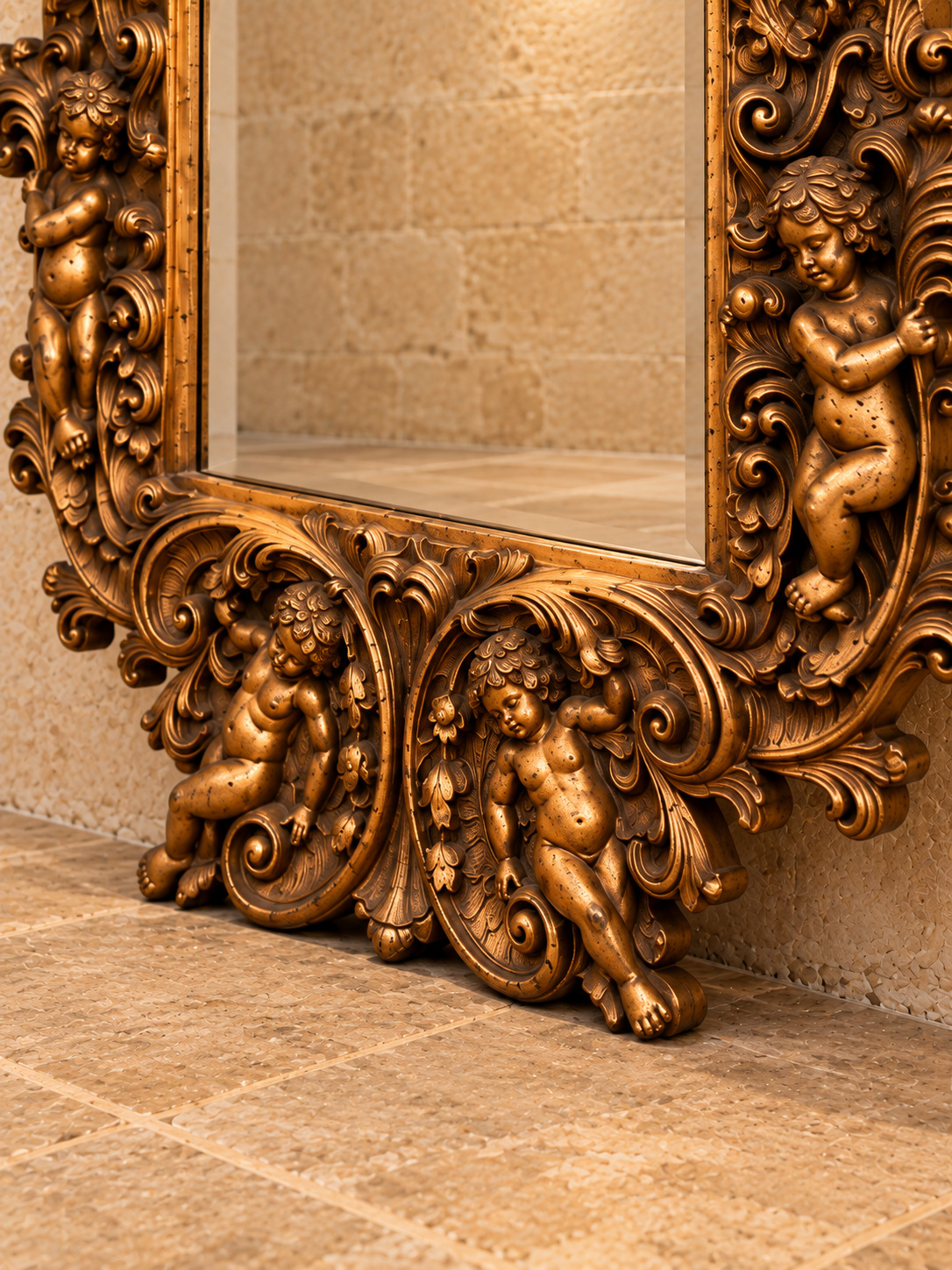 Large ornate gold Rococo style cherub mirror