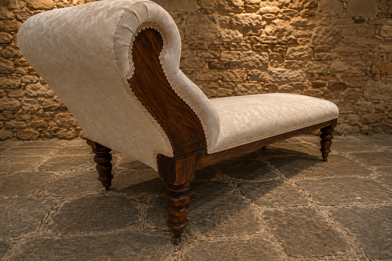 Antique Victorian Walnut Chaise Longue c.1860–1880 | Upholstered Walnut Daybed