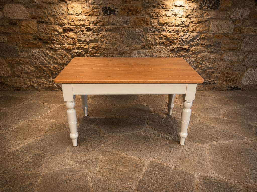 Vintage Pine Farmhouse Dining Table with Drawer – Painted Country Kitchen Table