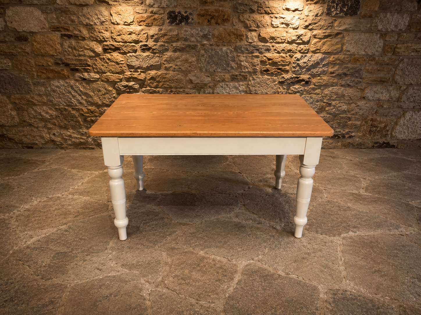 Vintage Pine Farmhouse Dining Table with Drawer – Painted Country Kitchen Table