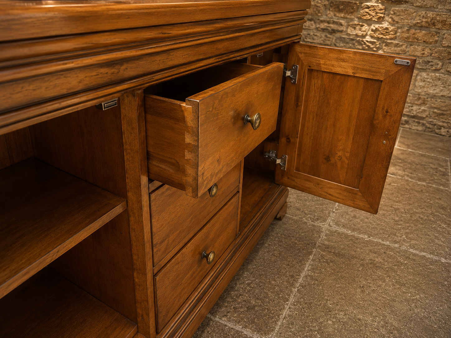Large French Provincial Cherry Wood Sideboard | Country Farmhouse Buffet Cabinet