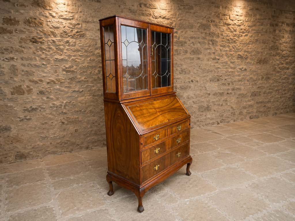 Antique George II Revival Walnut Bureau Bookcase | Glazed Display Cabinet & Writing Desk | Circa 1925–1935