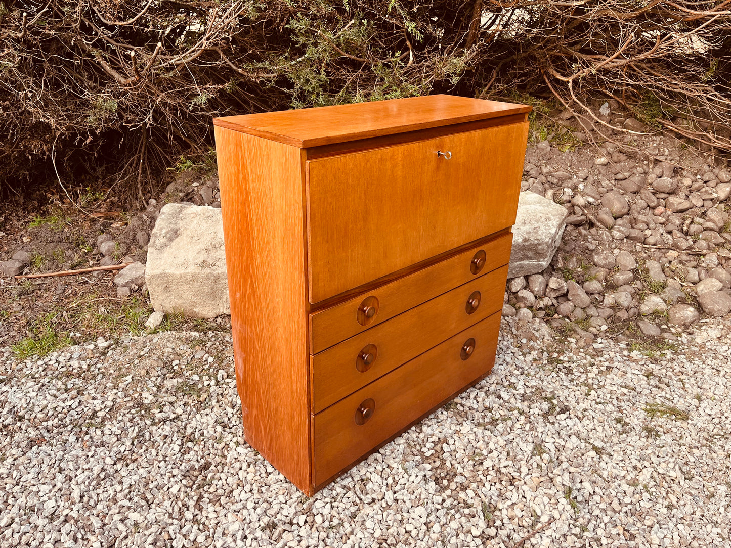 Mid Century Teak Bureau Writing Desk with Drop Front
