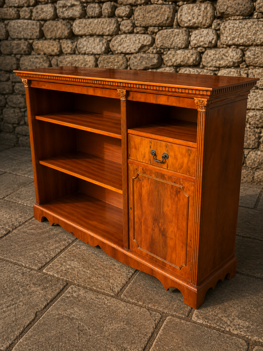 Georgian Style Sideboard Bookcase – Open Shelving Cabinet with Fluted Columns, Yew Finish