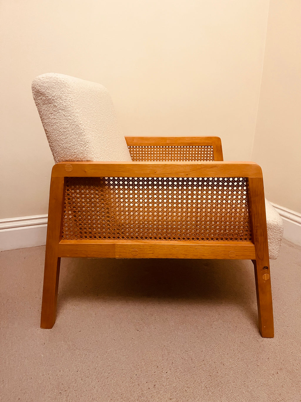 Mid-Century Cane Armchair in Cream Bouclé – Oak Frame Lounge Chair