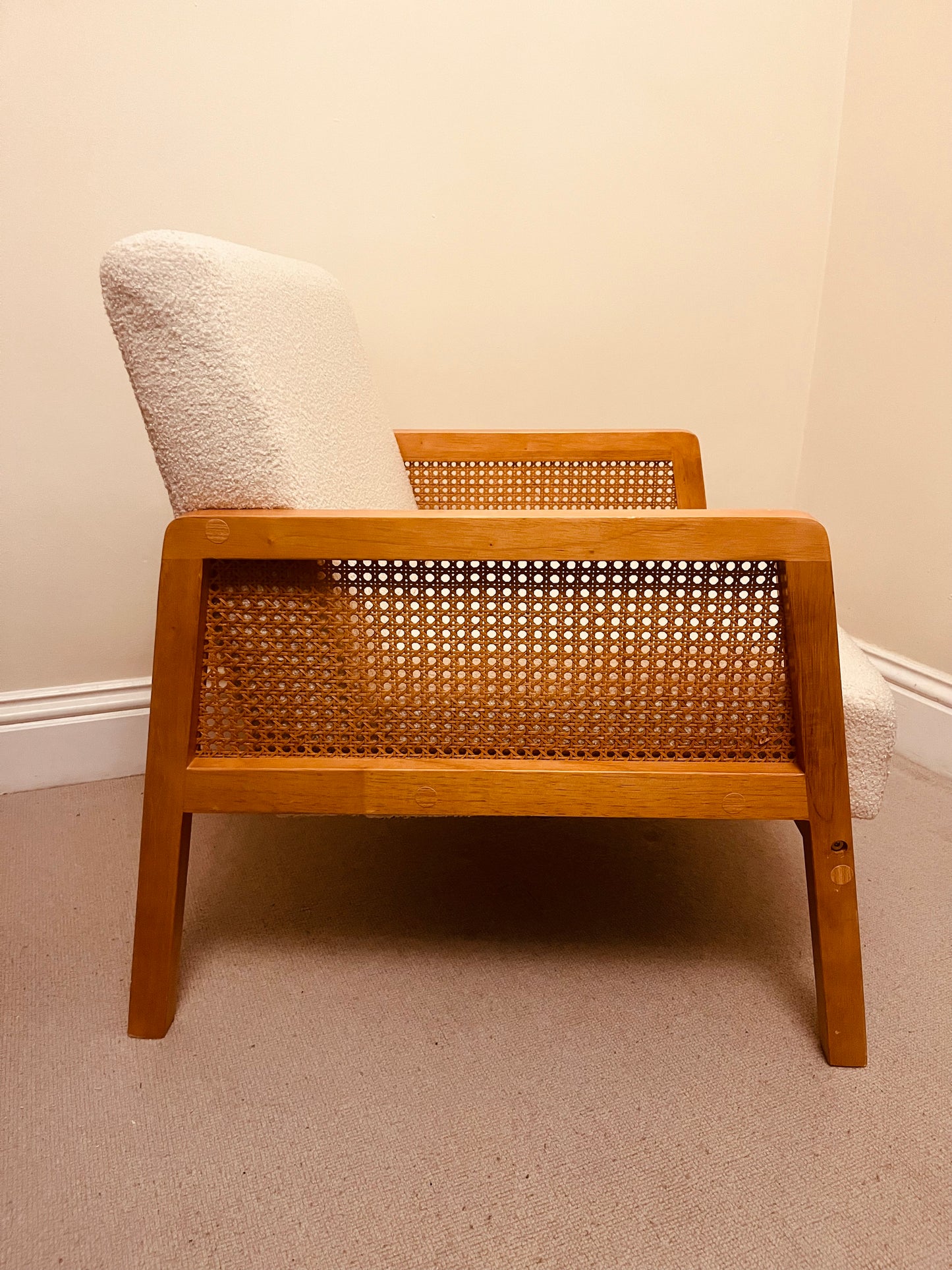 Mid-Century Cane Armchair in Cream Bouclé – Oak Frame Lounge Chair