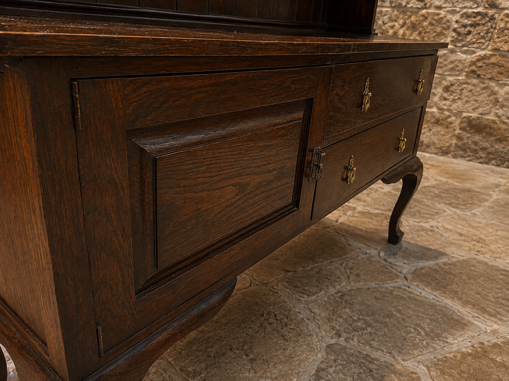 Antique Arts & Crafts Oak Dresser with Stained Glass Display Cabinet