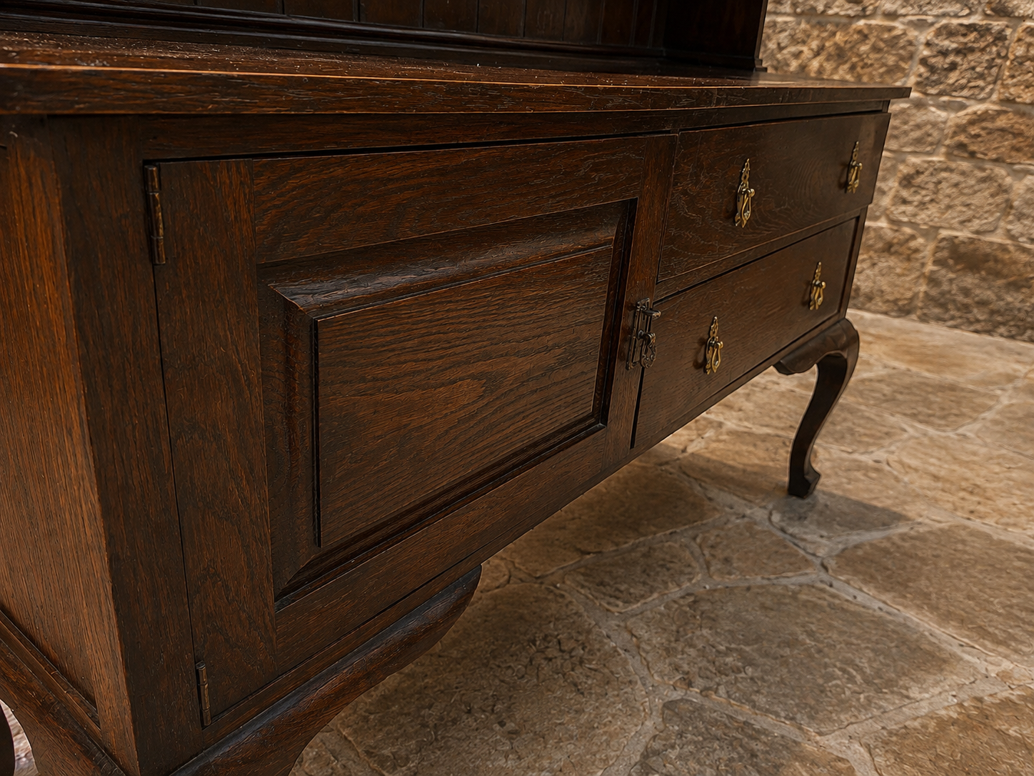 Antique Arts & Crafts Oak Dresser with Stained Glass Display Cabinet