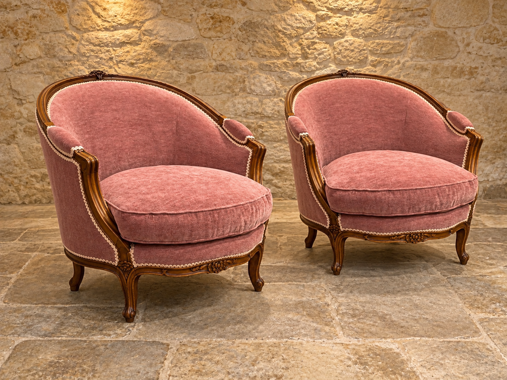 Pair of vintage Louis XV style armchairs in dusty rose pink