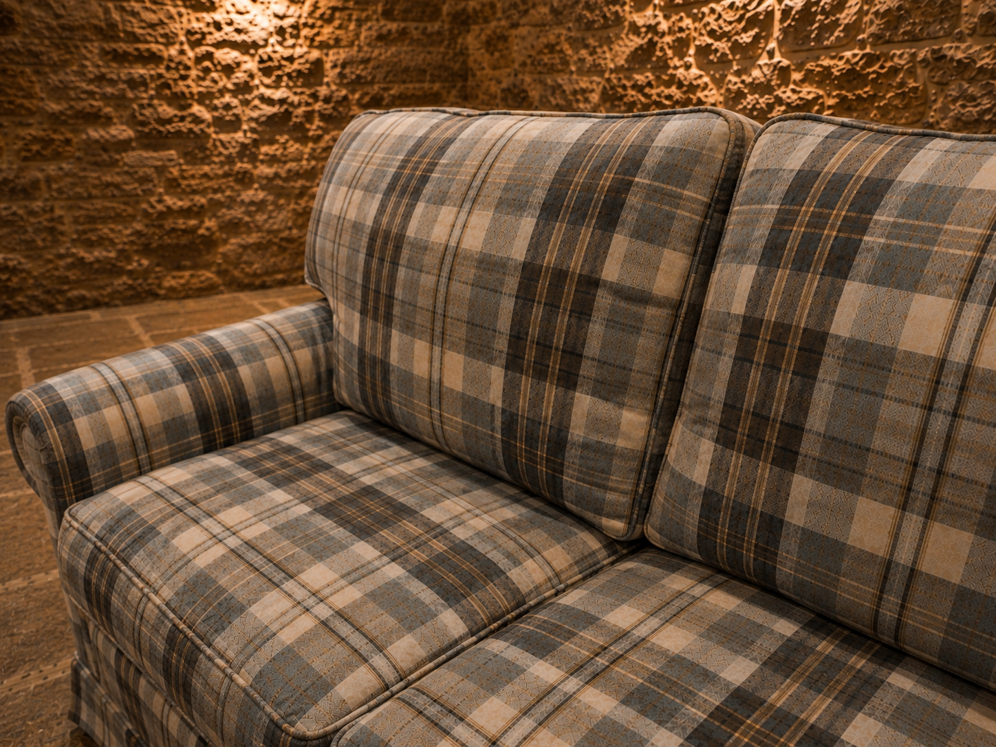Vintage English Country House Tartan Three Seater Sofa – Traditional Roll Arm Sofa
