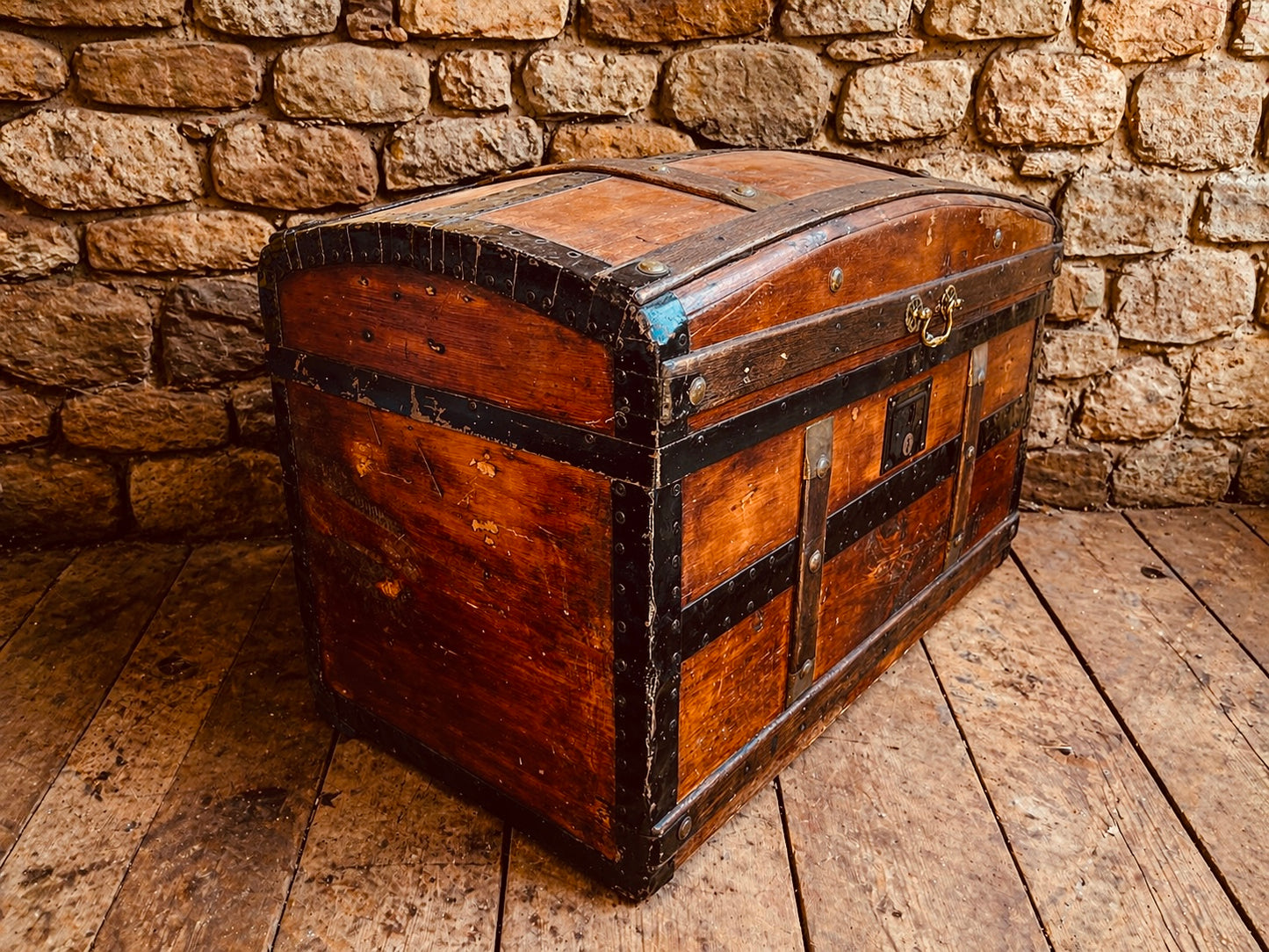 Late Victorian Domed Travel Trunk – Antique Wooden Chest with Iron Strapping