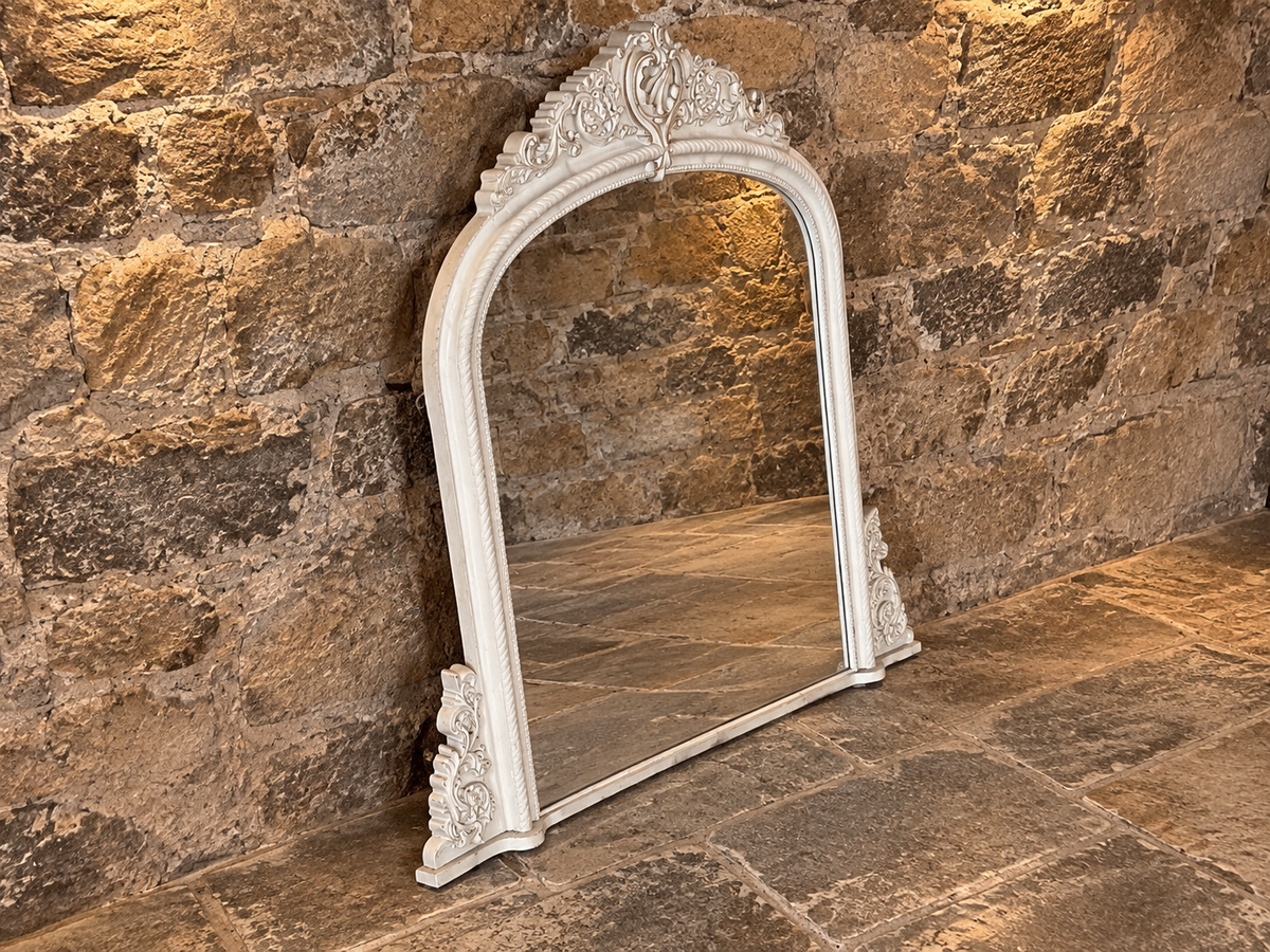 Large Ornate White Overmantel Mirror – Victorian Rococo Style Statement Fireplace Mirror