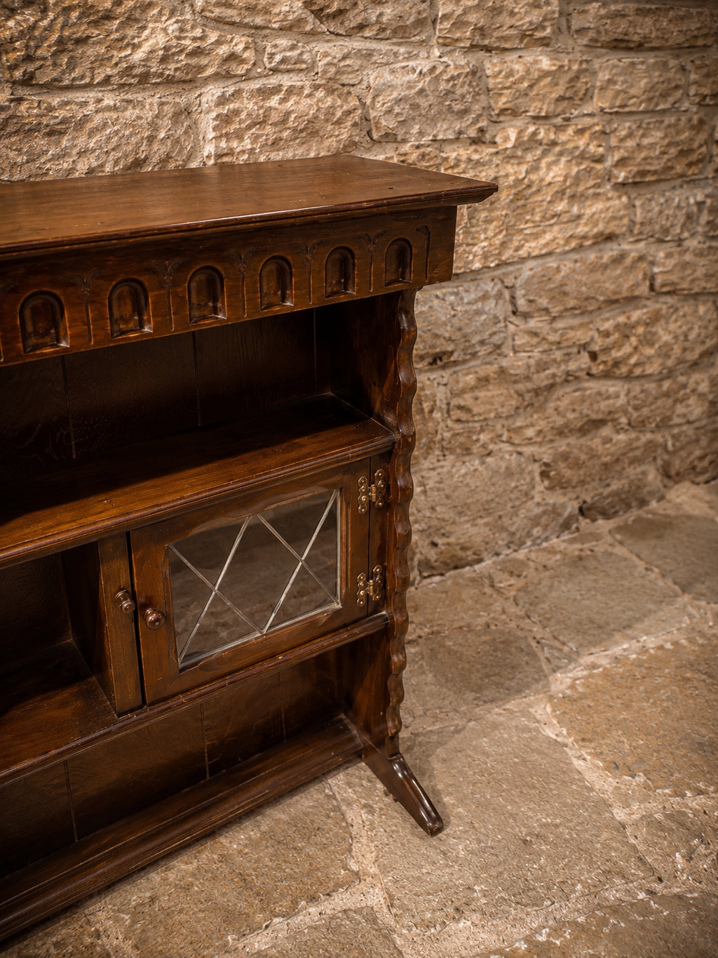 Antique Arts & Crafts Oak Dresser Top Bookcase with Leaded Glass Cupboards | Jacobean Revival Display Cabinet | Circa 1910