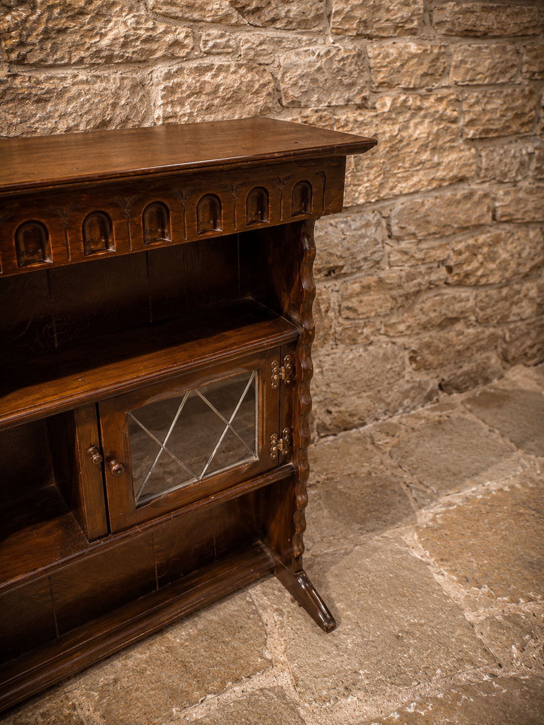 Antique Arts & Crafts Oak Dresser Top Bookcase with Leaded Glass Cupboards | Jacobean Revival Display Cabinet | Circa 1910
