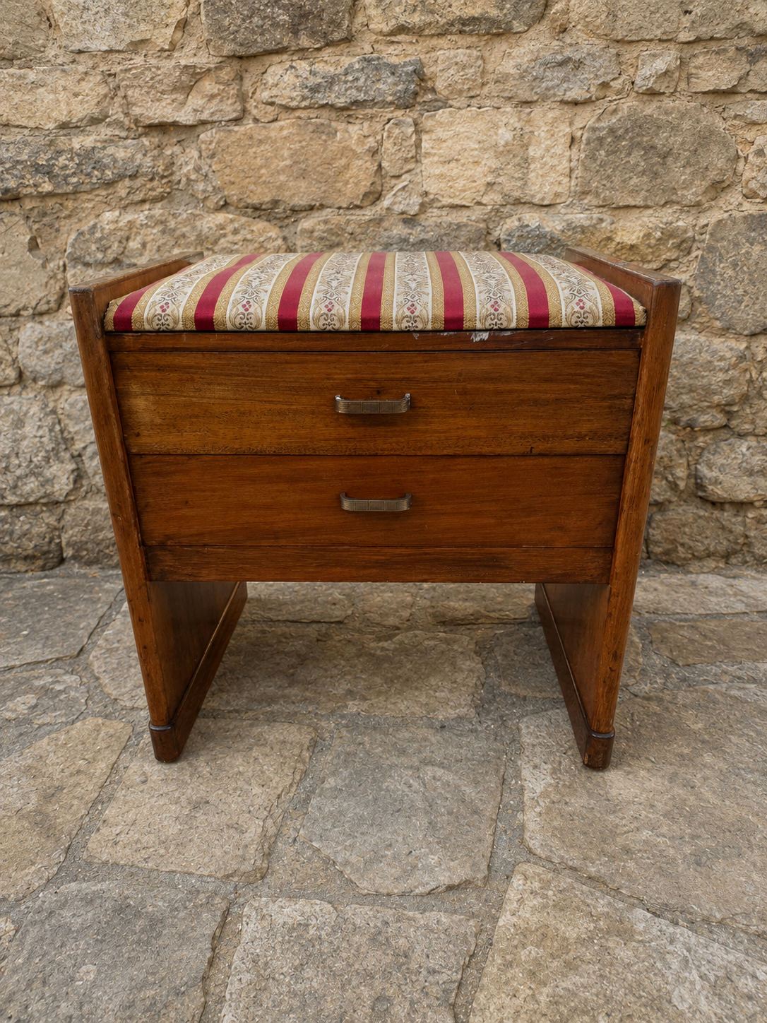 Mid Century Teak Sewing Cabinet Stool – Vintage Storage Seat with Drawers & Pull-Out Shelf