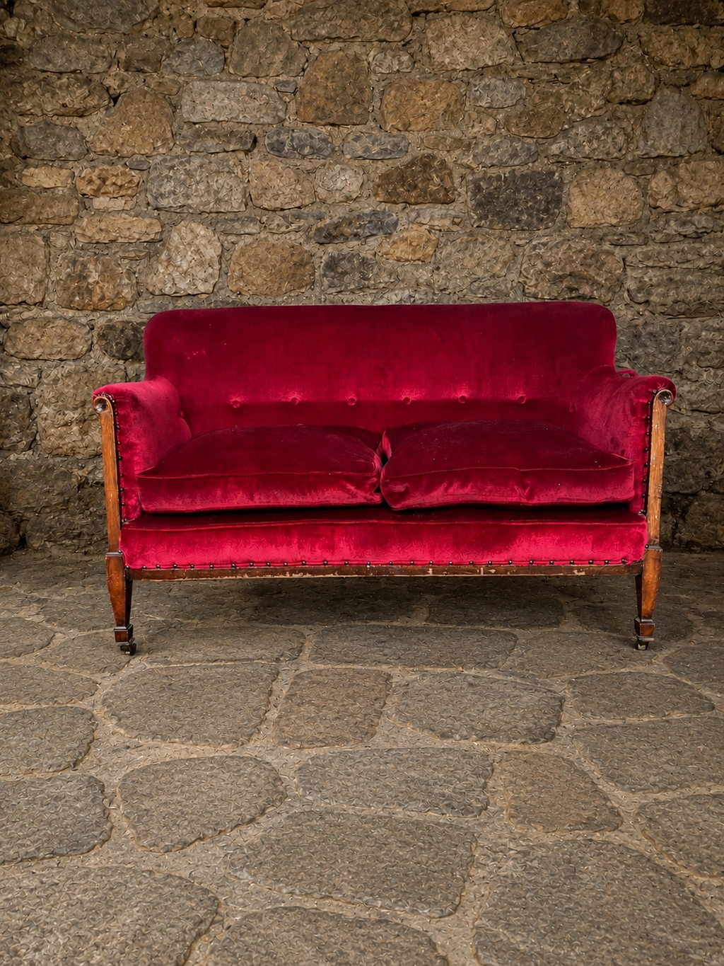 Antique Edwardian Burgundy Velvet Sofa c1920