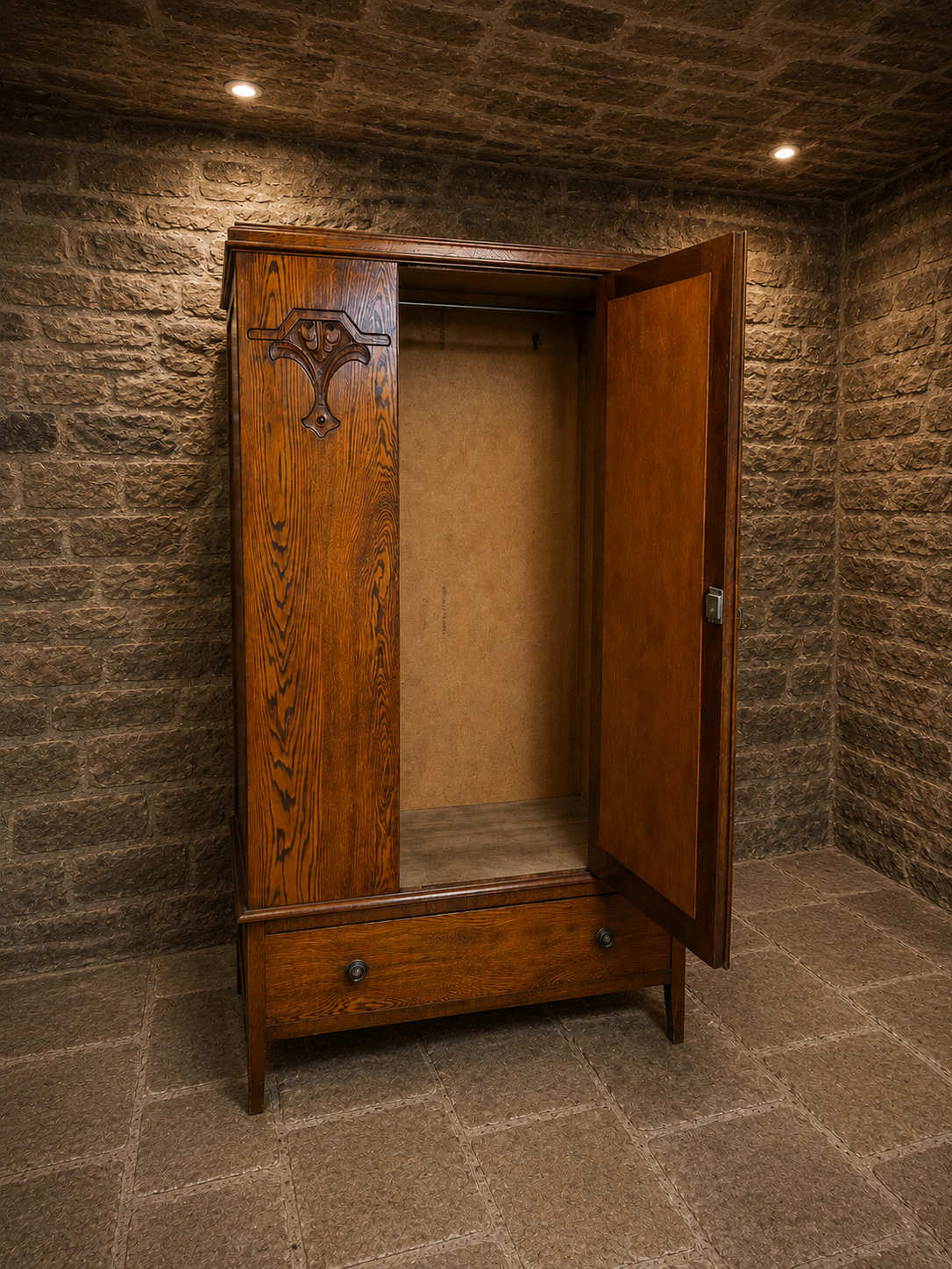 Antique Edwardian Arts & Crafts Quarter Sawn Oak Triple Wardrobe with Mirror & Drawer | c.1910