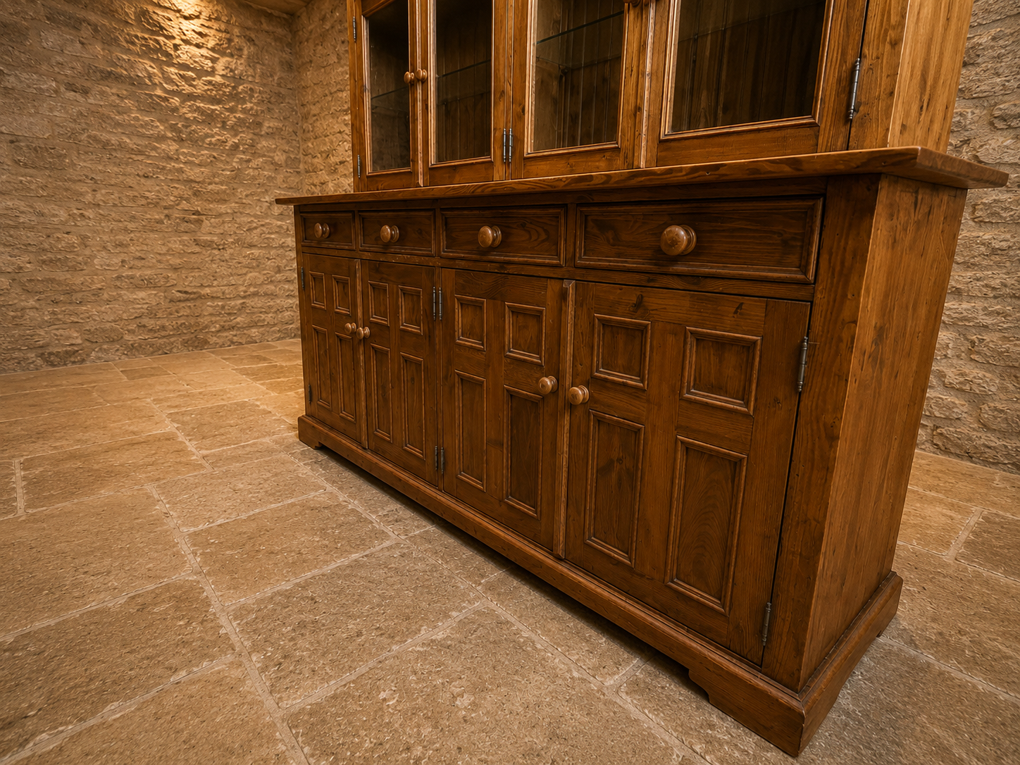 Large Solid Pine Farmhouse Dresser | Rustic Welsh Dresser | Glazed Display Cabinet
