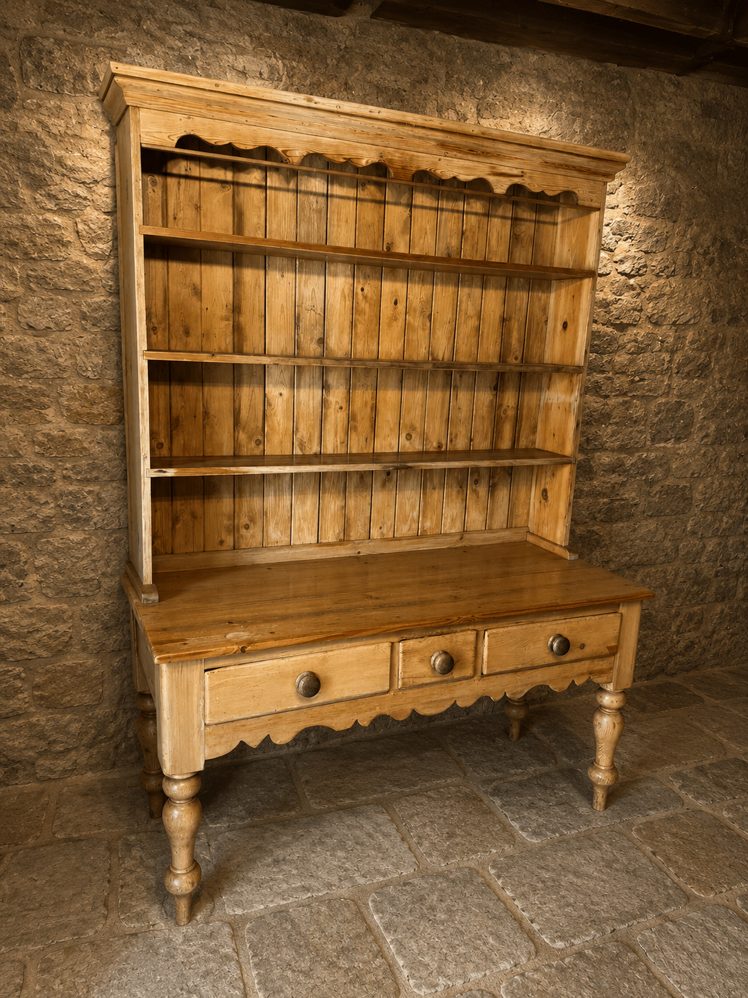 Large Victorian Pine Farmhouse Kitchen Dresser With Plate Rack