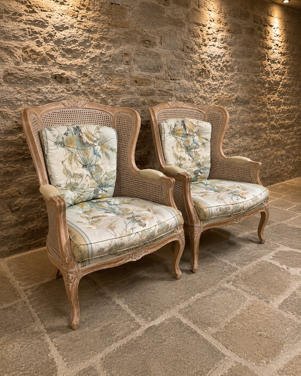 Pair of French Louis XV Style Bergère Armchairs with Cane Sides & Botanical Upholstery
