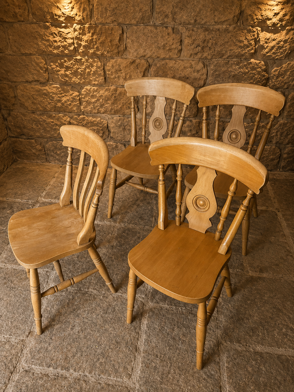 Set of Four Solid Elm & Beech Farmhouse Kitchen Chairs | Windsor Style Country Dining Chairs | Rustic Cottage Seating