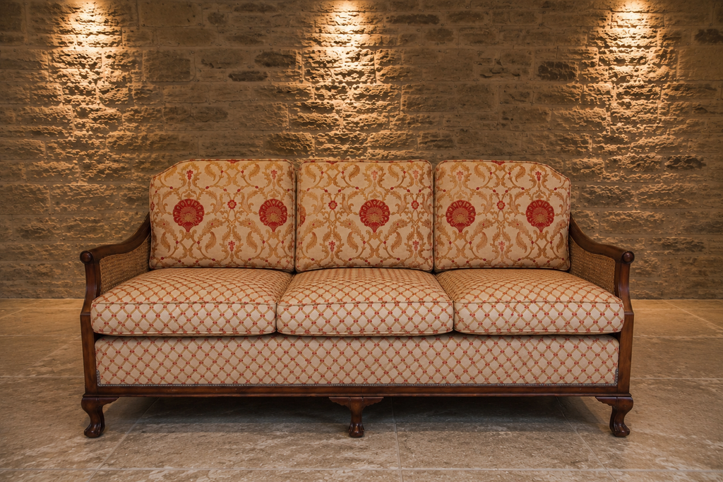 Edwardian Mahogany Bergère Three Seat Sofa | Antique Cane Back Upholstered Settee | English c.1905–1915