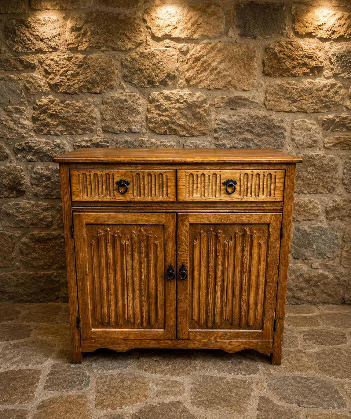 Solid Oak Gothic Revival Sideboard Cabinet with Linenfold Carved Doors c.1970s–1990s