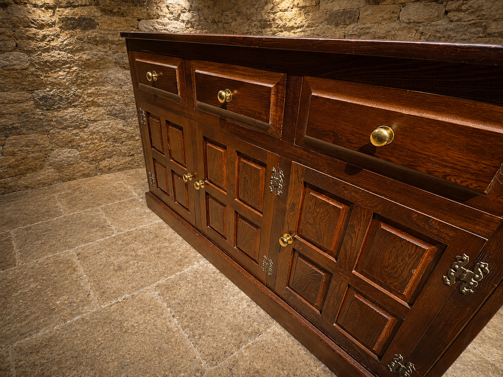 Jacobean Revival Solid Oak Sideboard | Vintage English Oak Buffet Cabinet | Rustic Farmhouse Sideboard | Large Country House Storage Cabinet