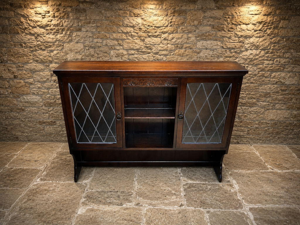 Jacobean Revival Oak Leaded Glass Sideboard | English Oak Drinks Cabinet | Country Farmhouse Display Cabinet