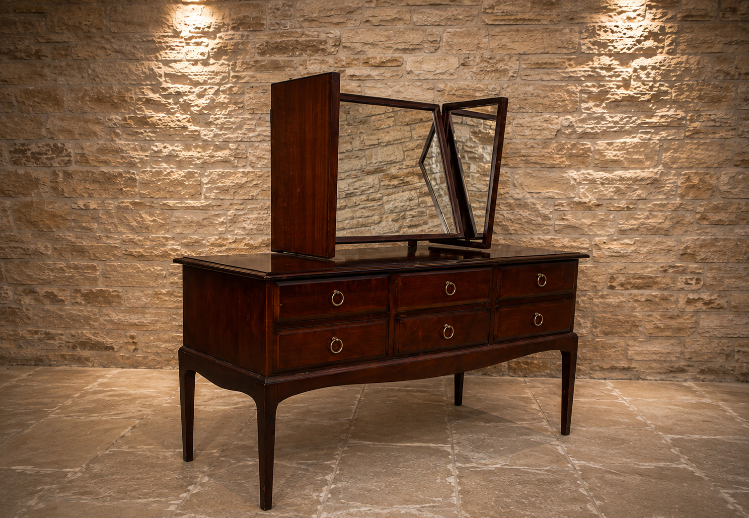 Traditional Burr Veneer Dressing Table with Triple Folding Mirror | Six Drawer Vanity Table