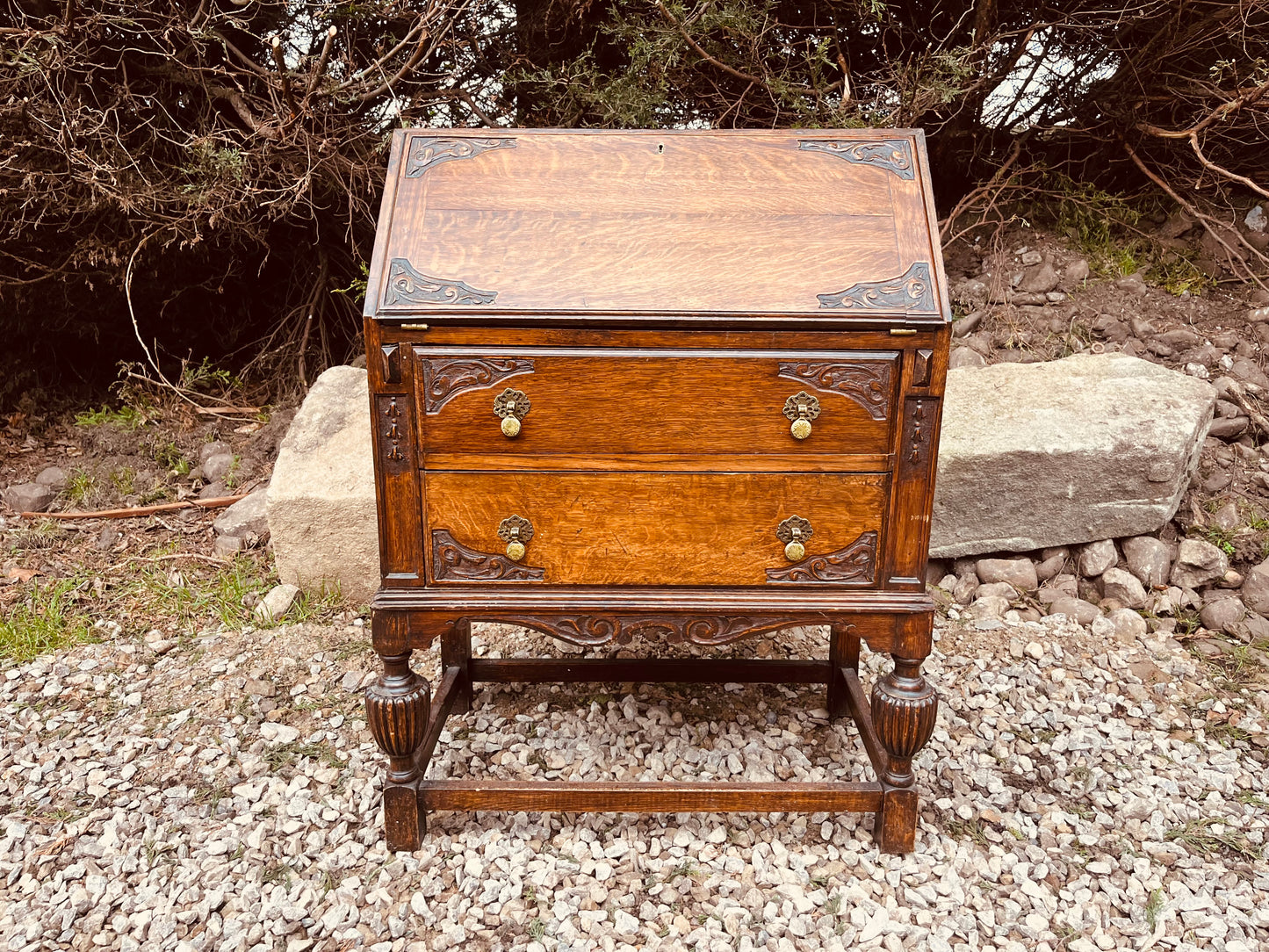 Antique Edwardian Tiger Oak Bureau Writing Desk