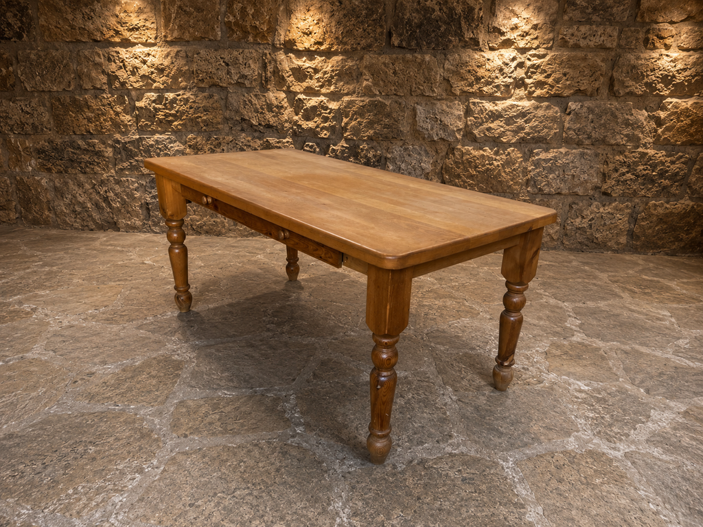 Antique Victorian Pine Farmhouse Kitchen Dining Table with Two Drawers c.1890