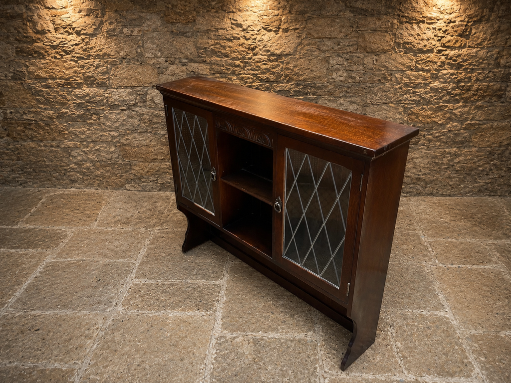 Jacobean Revival Oak Leaded Glass Sideboard | English Oak Drinks Cabinet | Country Farmhouse Display Cabinet