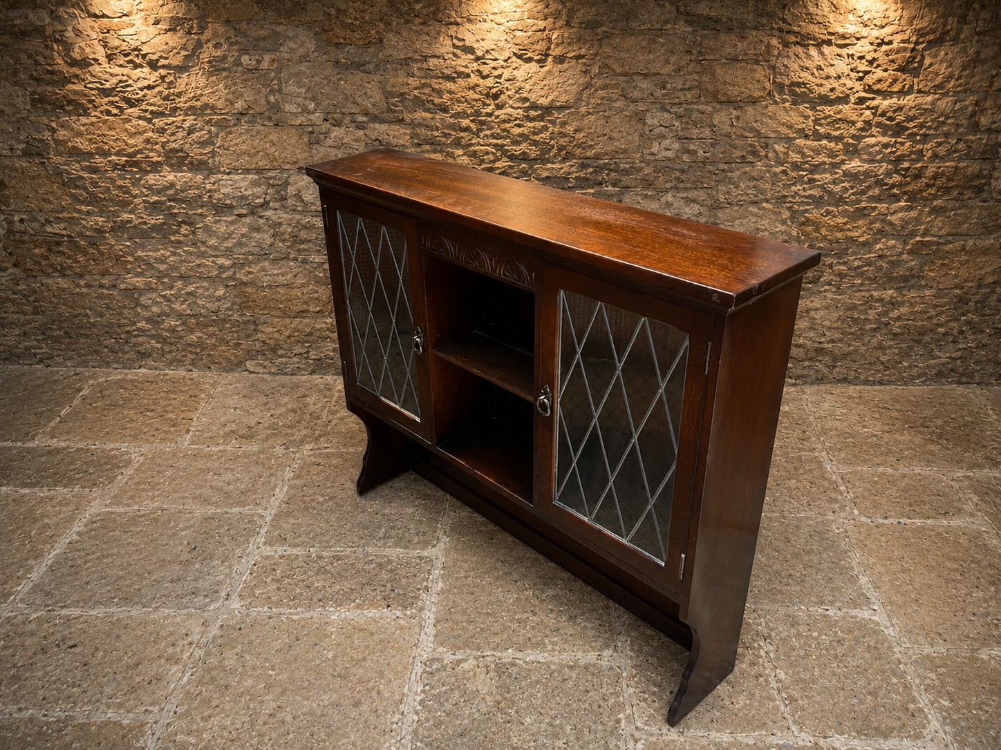 Jacobean Revival Oak Leaded Glass Sideboard | English Oak Drinks Cabinet | Country Farmhouse Display Cabinet